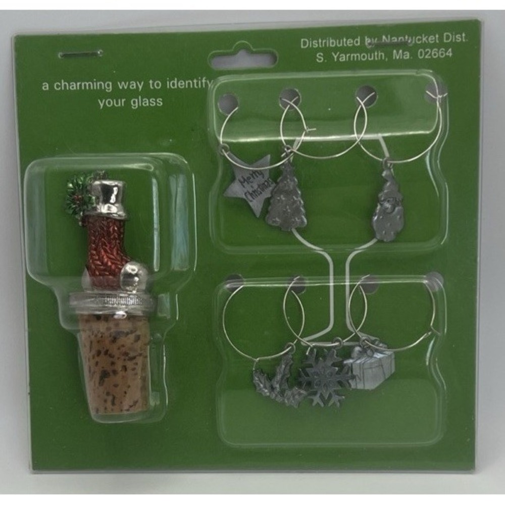 Christmas Stocking Wine Bottle Cork With Holiday Theme Glass Charms New